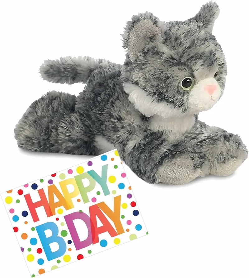Pluche knuffel kat/poes grijs/witte van 20 cm met A5-size Happy Birthday wenskaart - Verjaardag cadeau setje by Aurora in Grey – product photo