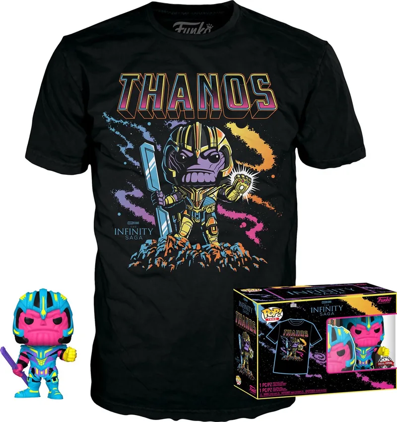 Tee Box: Marvel Studios The Avengers - Thanos Blacklight #909 Exclusive (Size M) by Funko in Black – product photo