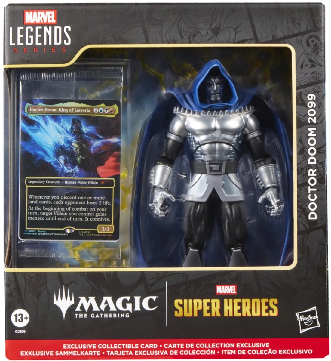 Marvel Legends Series Marvel Super Heroes Magic: The Gathering Doctor Doom 2099, actiefiguur van 15 cm, plus exclusieve glanzende ruilkaart van Hasbro in Zwart – productfoto