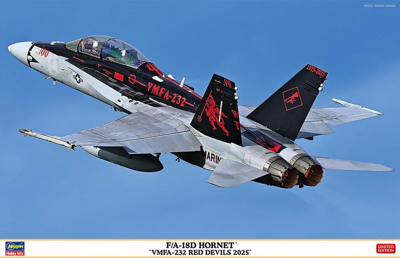 Modelbouwpakket Militaire voertuigen - 07562 McDonnell Douglas F/A-18D Hornet - VMFA-232 Red Devils 2025 - Amerikaanse Straaljager Plastic - 1:48 - Modelbouw by Hasegawa in Red – product photo