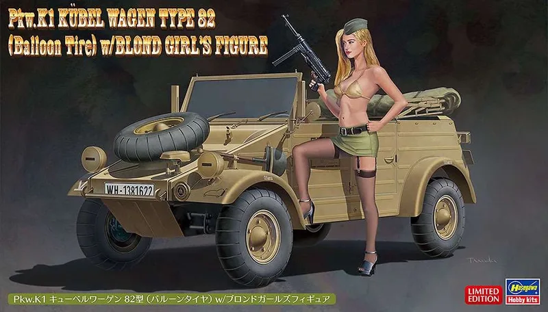 Modelbouwpakket Militaire voertuigen - 52273 Kübelwagen 82 with Blond Lady Figure Plastic - 1:24 - Modelbouw van Hasegawa in Wit – productfoto