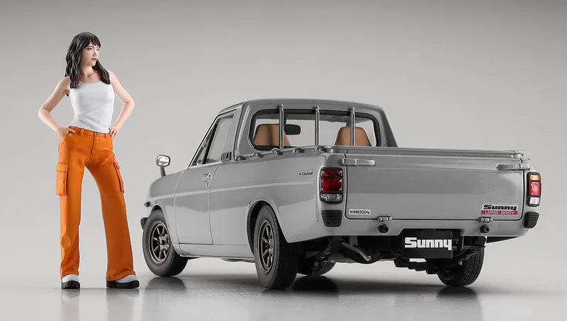 Modelbouwpakket Militaire voertuigen - 52426 Datsun Sunny Truck Long Body Deluxe met Vrouwelijk Figuur Plastic - 1:24 - Modelbouw de Hasegawa en Multicolore – photo produit