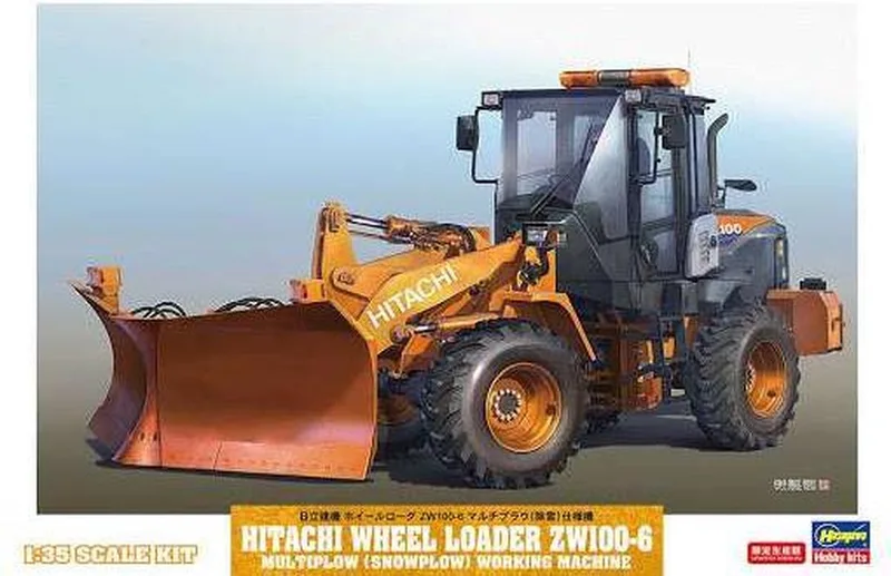 Modelbouwpakket Militaire voertuigen - 66102 Hitachi Wheel Loader ZW100-6 Multiplow (Snowplow) Plastic - 1:35 - Modelbouw by Hasegawa in Green – product photo
