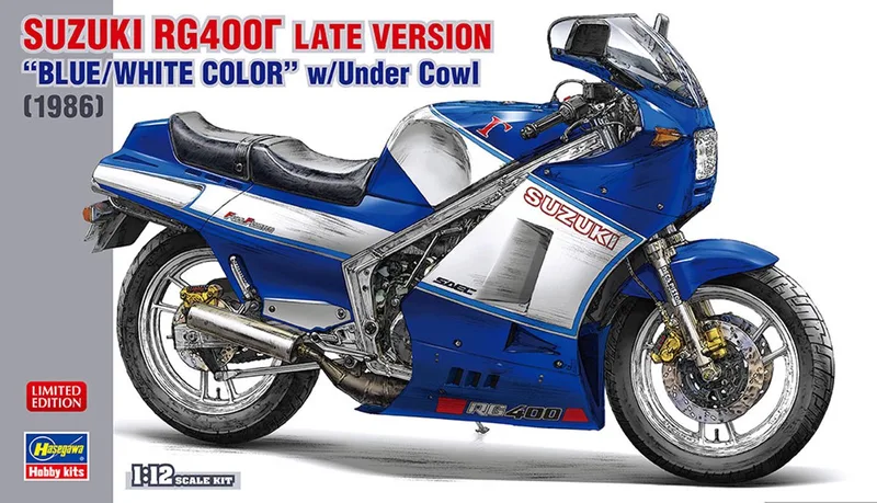 Modelbouwpakket Motorfiets - 21739 Suzuki RG400Γ Late Versie - 1986 - Blauw/Witte kleur met onderkuip - Motorfiets Plastic - 1:12 - Modelbouw by Hasegawa in Blue – product photo