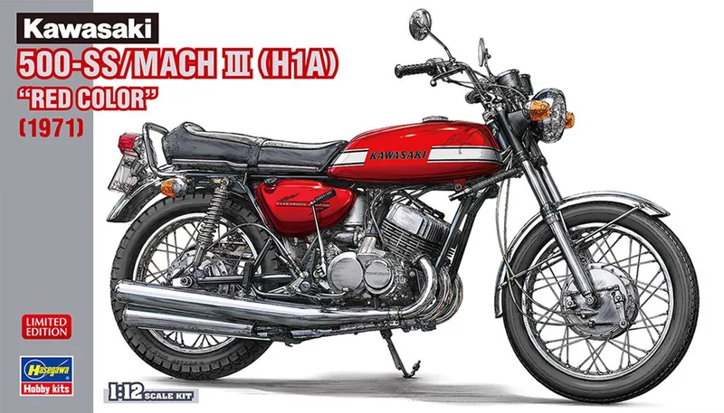Modelbouwpakket Motorfiets - 21775 Kawasaki 500-SS/MACH III H1A 1971 - Rode Kleur - Japanse Motorfiets Plastic - 1:12 - Modelbouw van Hasegawa in Meerkleurig – productfoto