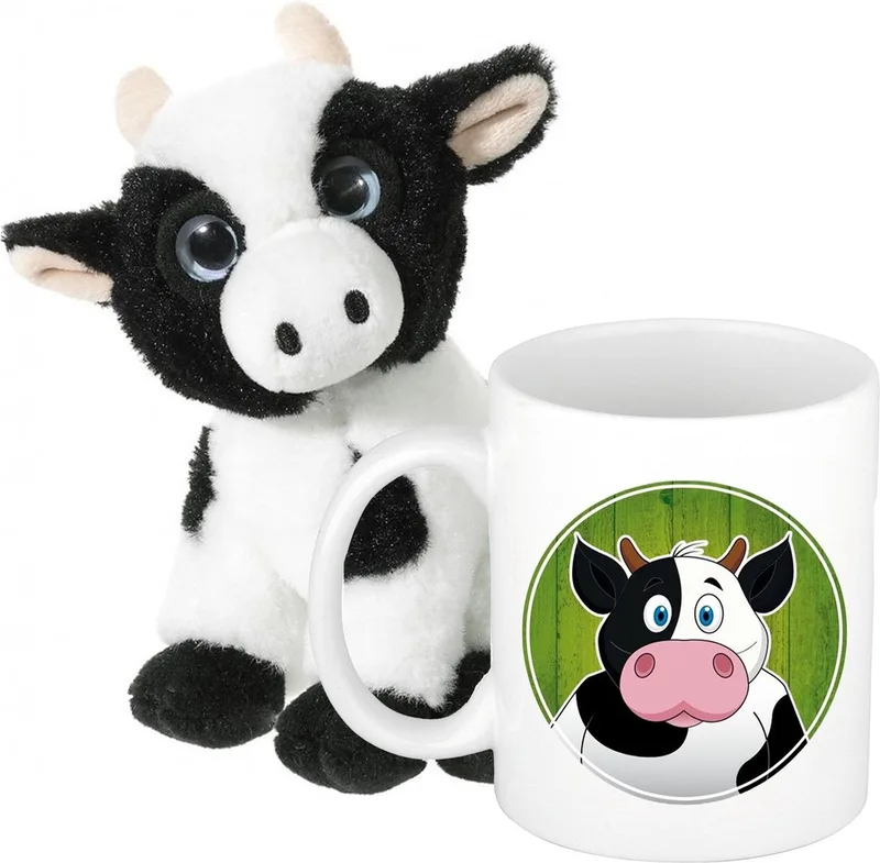 Koeien Cadeau set kind - Koeien knuffel 14 cm en drinkbeker 300ml by Heunec in Black – product photo