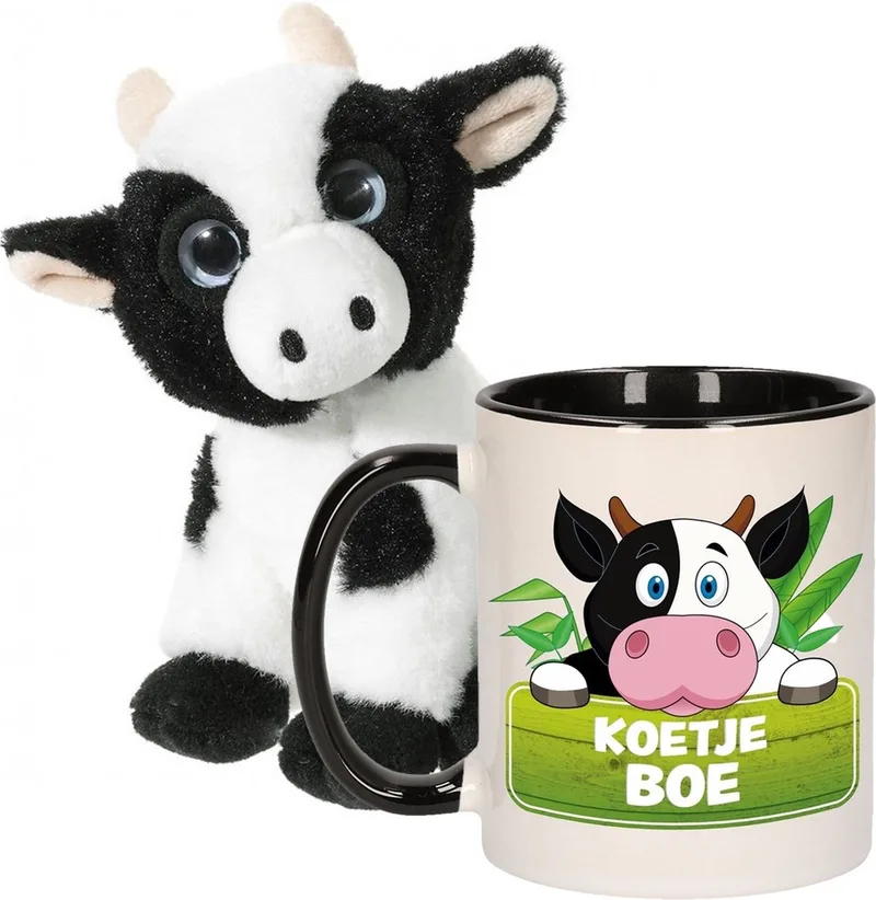 Koeien Cadeau set kind - Koeien knuffel 14 cm en drinkbeker 300ml by Heunec in Black – product photo