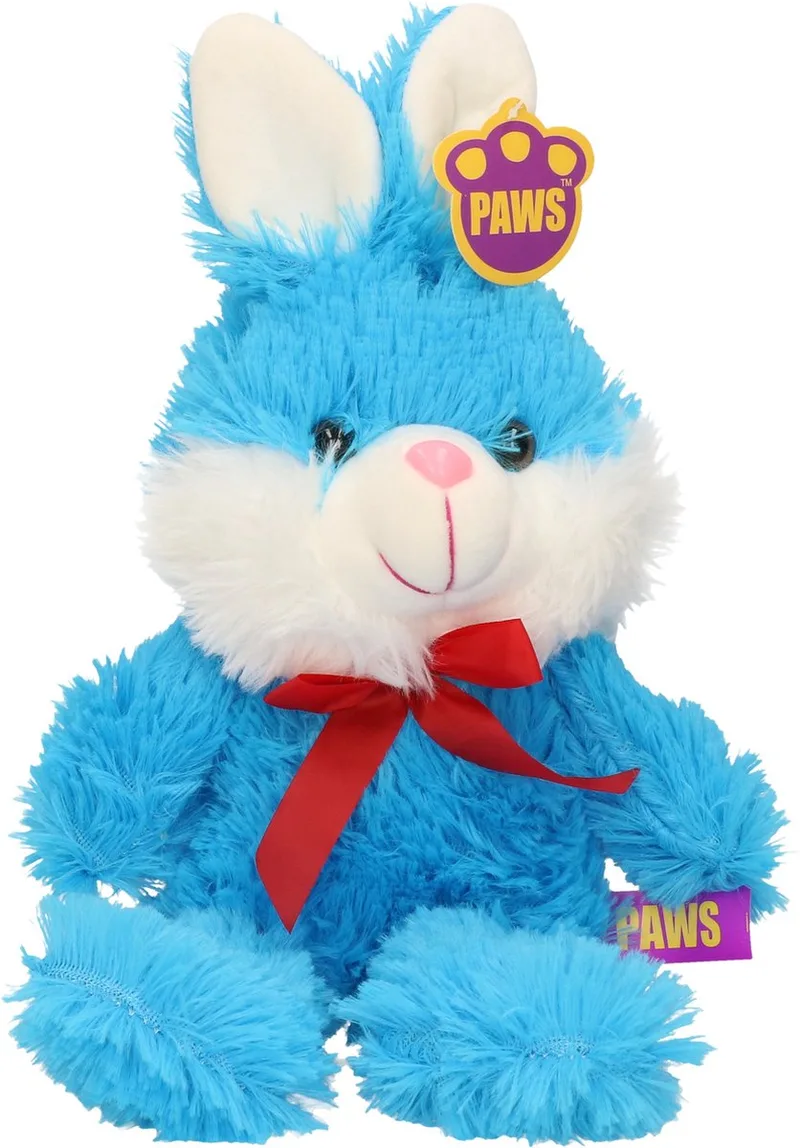Paashaas/haas/konijn knuffel dier - zachte pluche - cadeau - 32 cm - met strikje van Heunec in Blauw – productfoto