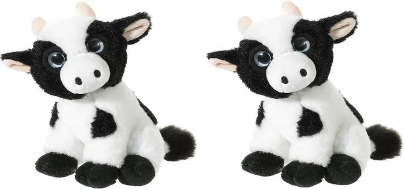 Set van 2x stuks met witte pluche koe/koeien knuffels 14 cm - Boerderij knuffeldieren voor kinderen de Heunec en Noir – photo produit