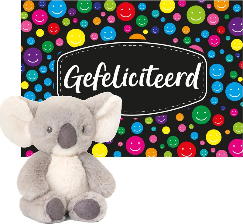Cadeaukaart A5 Gefeliciteerd met superzacht knuffeldier koala 14 cm de Keel Toys en Multicolore – photo produit