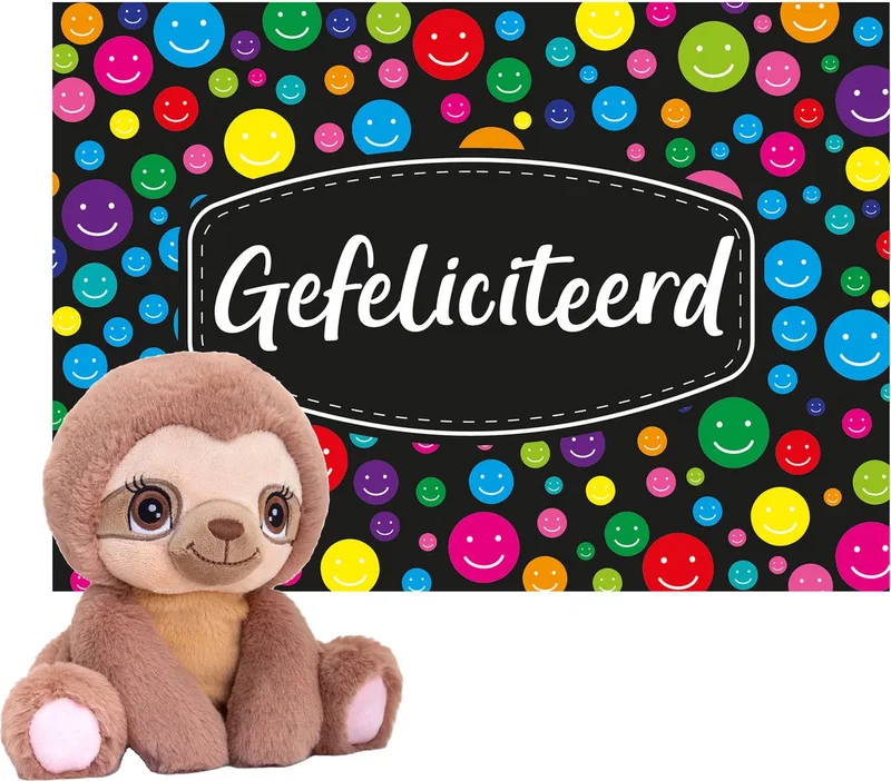 Cadeaukaart A5 Gefeliciteerd met superzacht knuffeldier luiaard 16 cm från Keel Toys i Flerfärgad – produktbild
