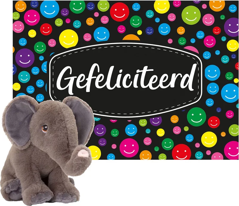 Cadeaukaart A5 Gefeliciteerd met superzacht knuffeldier olifant 25 cm från Keel Toys i Flerfärgad – produktbild