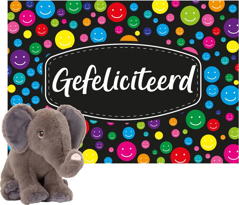 Cadeaukaart A5 Gefeliciteerd met superzacht knuffeldier olifant 18 cm från Keel Toys i Flerfärgad – produktbild