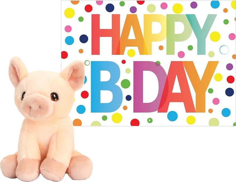 Knuffel varken 12 cm - met A5-size Happy Birthday verjaardag cadeau sturen wenskaart från Keel Toys i Flerfärgad – produktbild