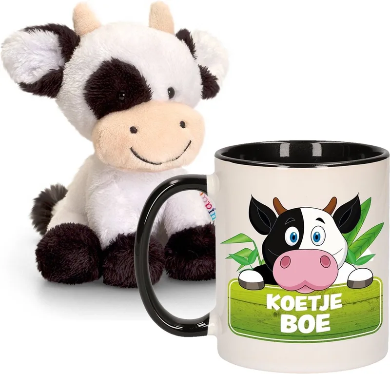 Koeien Cadeau set kind - Koeien knuffel 14 cm en drinkbeker 300ml de Keel Toys en Blanc – photo produit