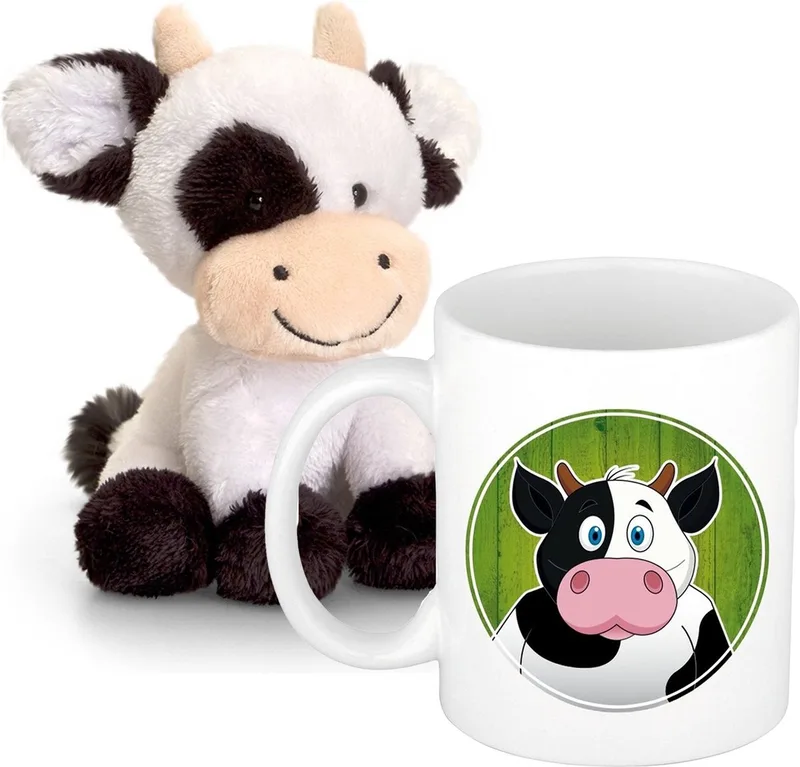 Koeien Cadeau set kind - Koeien knuffel 14 cm en drinkbeker 300ml by Keel Toys in White – product photo