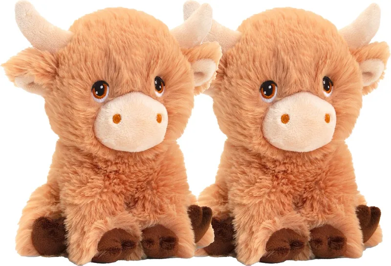 pluche koe met hoorns knuffeldier - 2x - zittend - 18 cm - Luxe Eco kwaliteit knuffels by Keel Toys in Brown – product photo