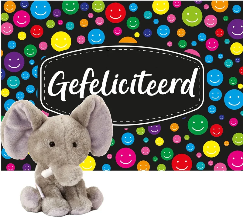 pluche olifant knuffel 14 cm met Gefeliciteerd A5 wenskaart by Keel Toys in Grey – product photo