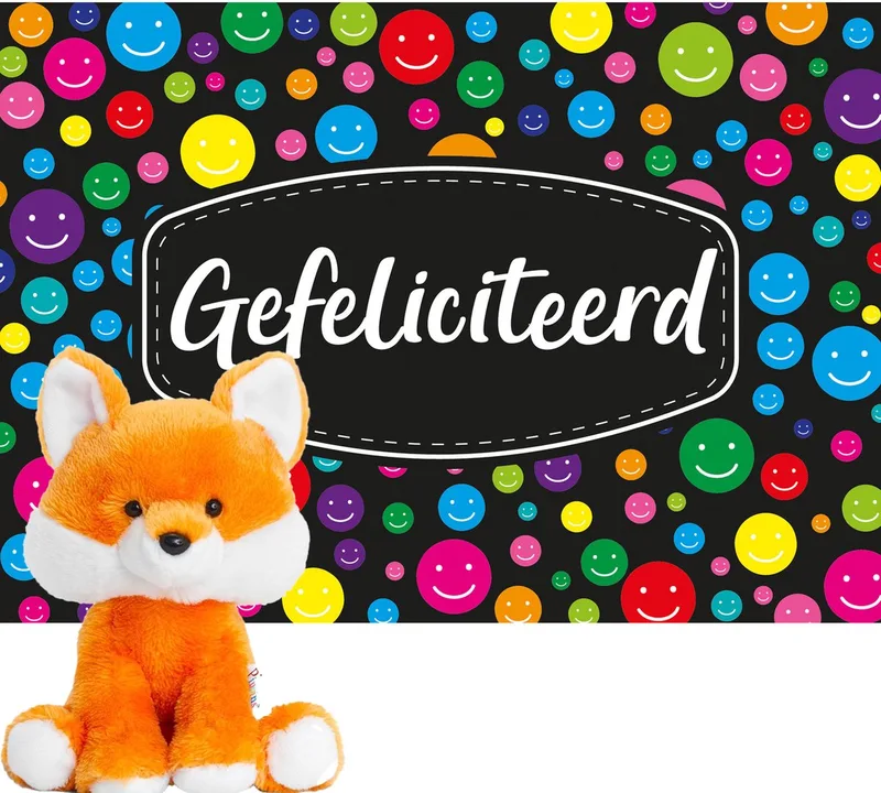 pluche Vos knuffel 14 cm met Gefeliciteerd A5 wenskaart by Keel Toys in Orange – product photo