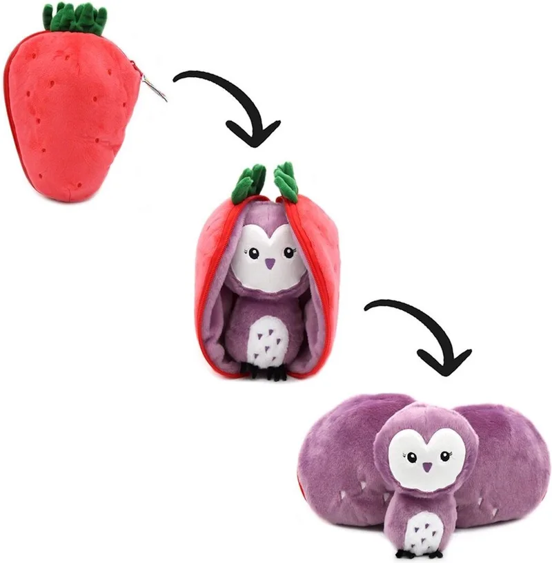 Flipetz - 2-in-1 Knuffel Uil Aardbei - Gerecycled materiaal - 0+ jaar fra Les Deglingos i Uil, Aardbei – produktbillede