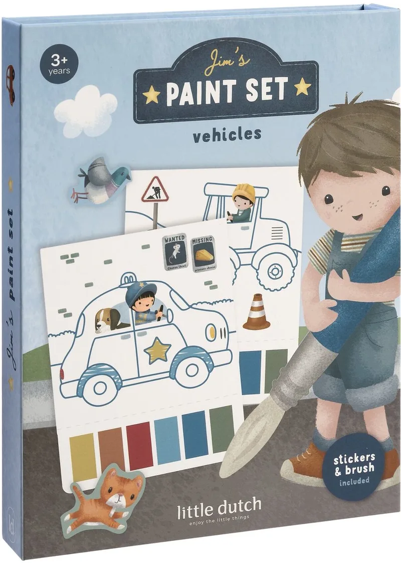 Waterverf set - Jim Voertuigen - 18 verfplaten, penseel en 2 stickervellen - Knutselen - Speelgoed kinderen - Voor jongens - Vanaf 3 jaar von Little Dutch in Blau – Produktfoto