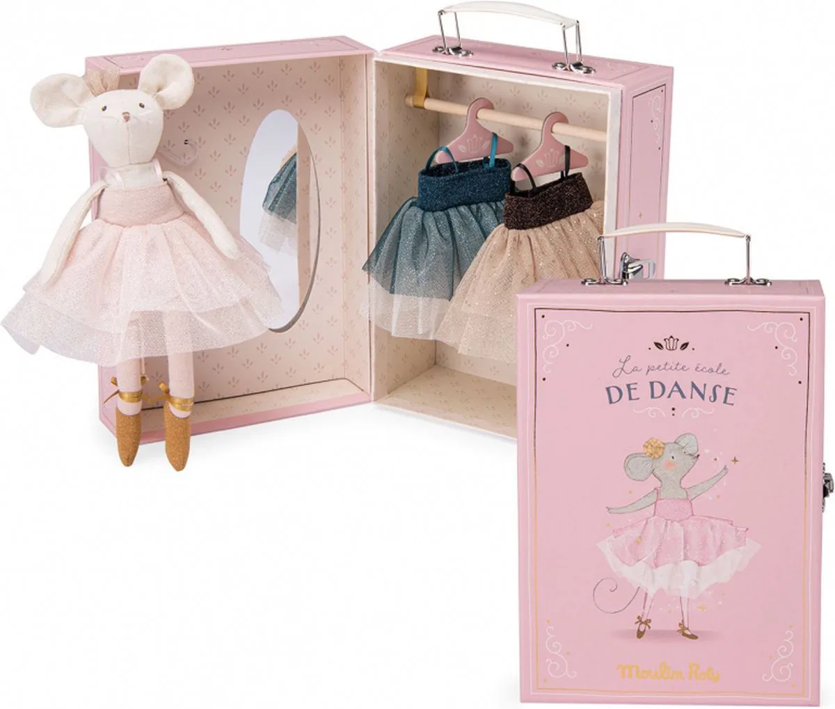 Ballet Muis in Koffertje met Tutu's | Ballerina Speelgoed | Knuffelmuisje in Speelgoedkoffer | 'La petite école de danse' | Ballet Cadeautje von Moulin Roty in Rosa – Produktfoto
