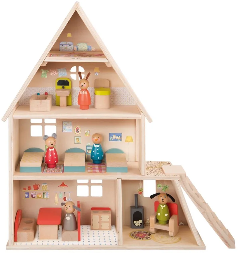 Houten Poppenhuis 'La Grande Famille' van Moulin Roty in Hout – productfoto