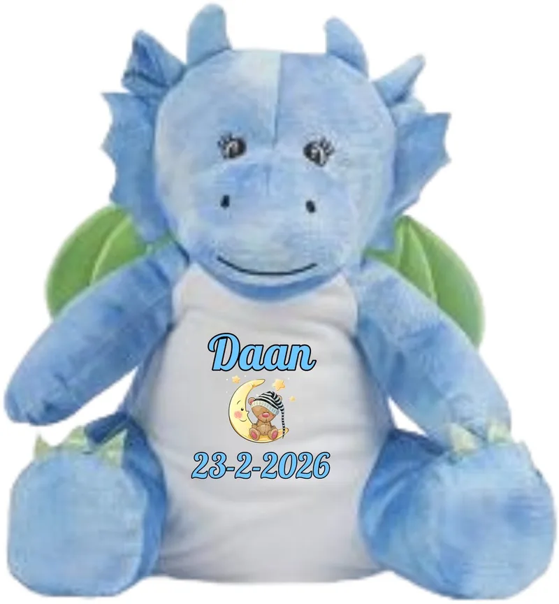 Blauwe Draak knuffel - gepersonaliseerd - kraamcadeau - naam - geboortedatum by Mumbles in Blue – product photo