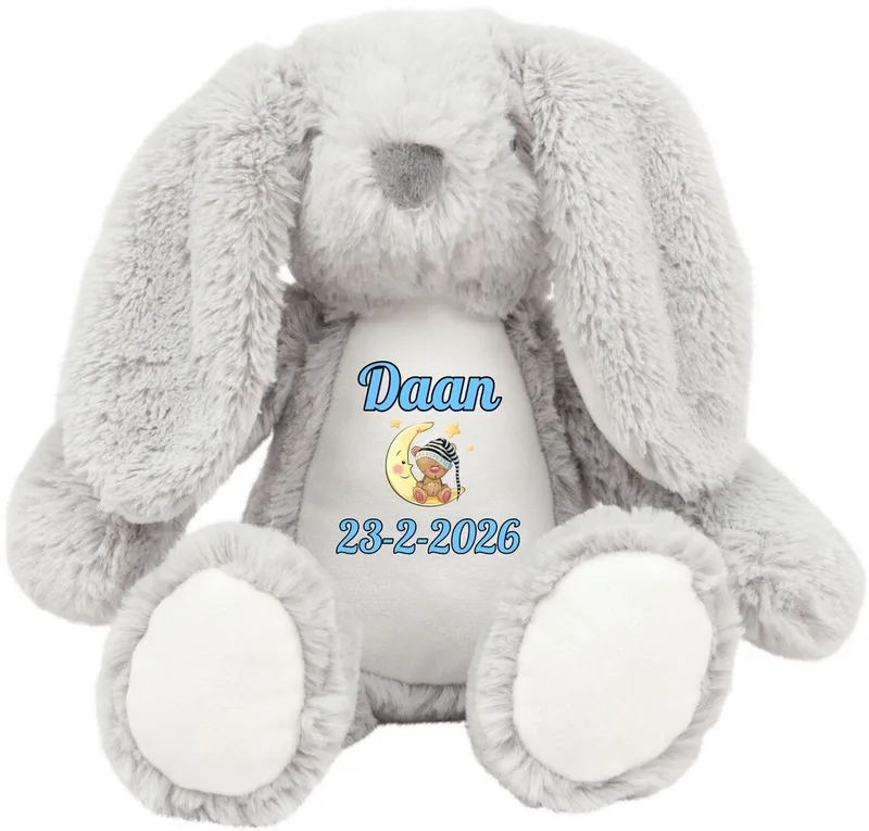knuffel konijn - kraamcadeau - gepersonaliseerd - naam - geboortedatum från Mumbles i Grå – produktbild