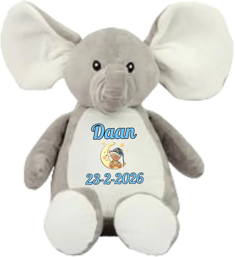 Olifant knuffel - gepersonaliseerd - kraamcadeau - naam - geboortedatum från Mumbles i Grå – produktbild