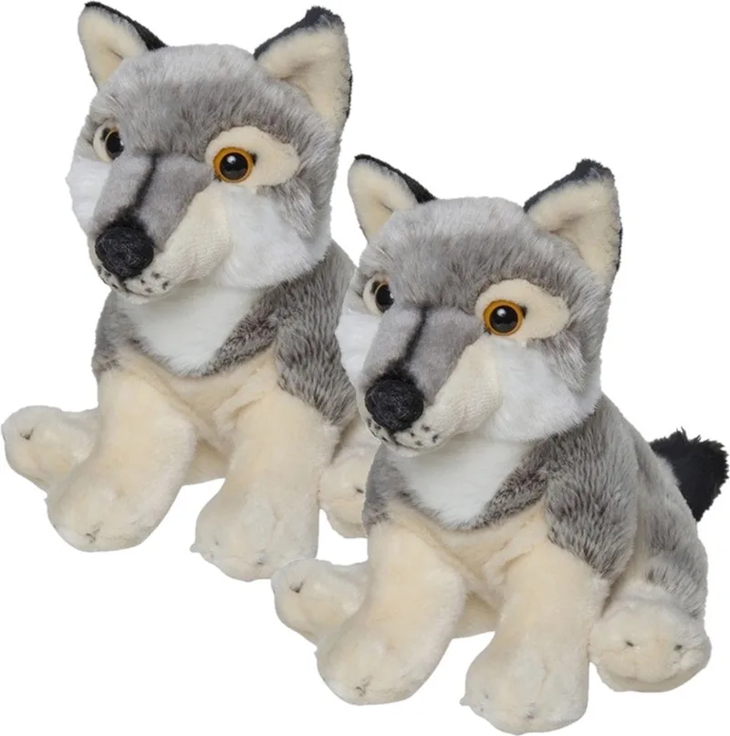 2x stuks pluche grijze wolf knuffel 22 cm - Wolven wilde dieren knuffels - Speelgoed voor kinderen de Nature Planet en Gris – photo produit