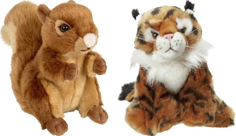 Bosdieren pluche knuffels - 2x stuks - Eekhoorn en Lynx - 18 cm van Nature Planet in Meerkleurig – productfoto