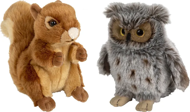 Bosdieren pluche knuffels - 2x stuks - Eekhoorn en Uil - 18 cm de Nature Planet en Multicolore – photo produit