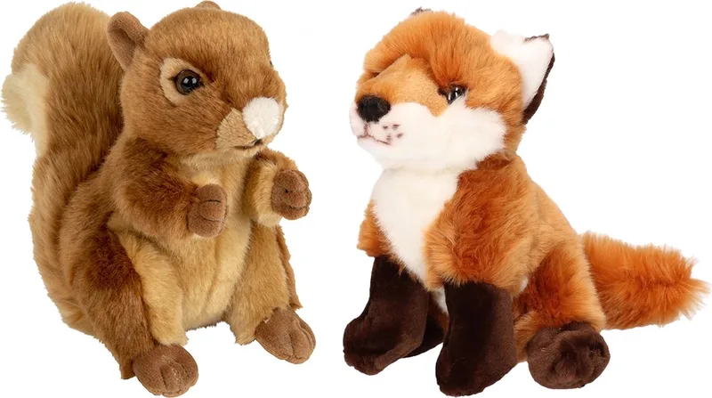 Bosdieren pluche knuffels - 2x stuks - Eekhoorn en Vos - 18 cm de Nature Planet en Multicolore – photo produit