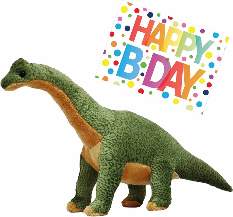 Pluche knuffel Dino Brachiosaurus 43 cm met grote A5-size Happy Birthday wenskaart - Verjaardag cadeau setje - Een knuffel sturen van Nature Planet in Meerkleurig – productfoto
