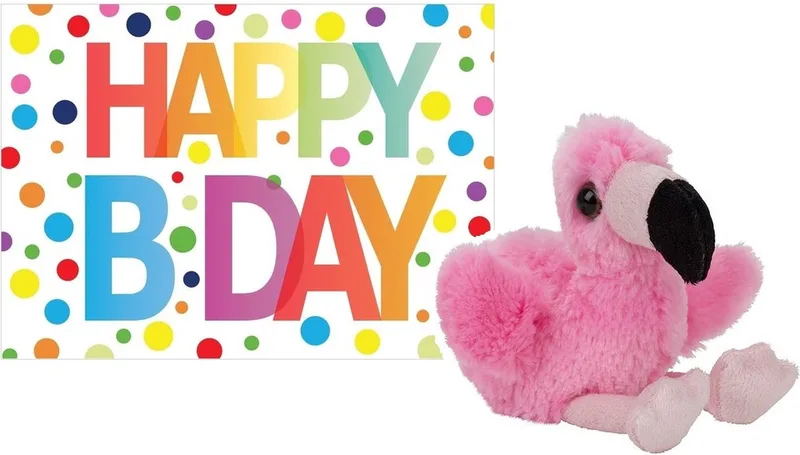 Pluche knuffel flamingo 13 cm met A5-size Happy Birthday wenskaart - Verjaardag cadeau setje - Een knuffel sturen by Nature Planet in Pink – product photo