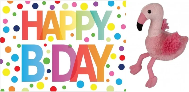 Pluche knuffel flamingo 15 cm met A5-size Happy Birthday wenskaart - Verjaardag cadeau setje - Een knuffel sturen by Nature Planet in Pink – product photo