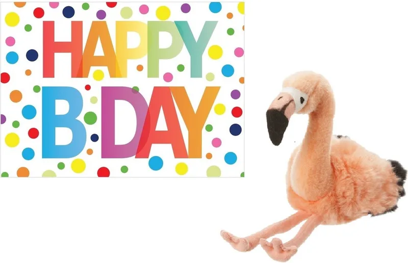 Pluche knuffel flamingo 18 cm met A5-size Happy Birthday wenskaart - Verjaardag cadeau setje - Een knuffel sturen fra Nature Planet i Lyserød – produktbillede