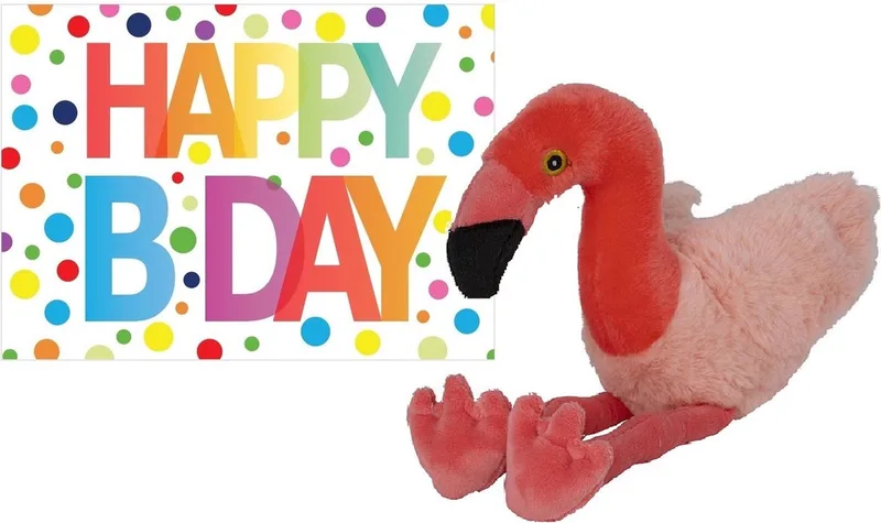 Pluche knuffel flamingo 32 cm met A5-size Happy Birthday wenskaart - Verjaardag cadeau setje - Een knuffel sturen by Nature Planet in Pink – product photo