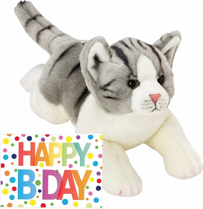 Pluche knuffel grijs/witte kat/poes van 33 cm met A5-size Happy Birthday wenskaart - Verjaardag cadeau setje von Nature Planet in Grau – Produktfoto