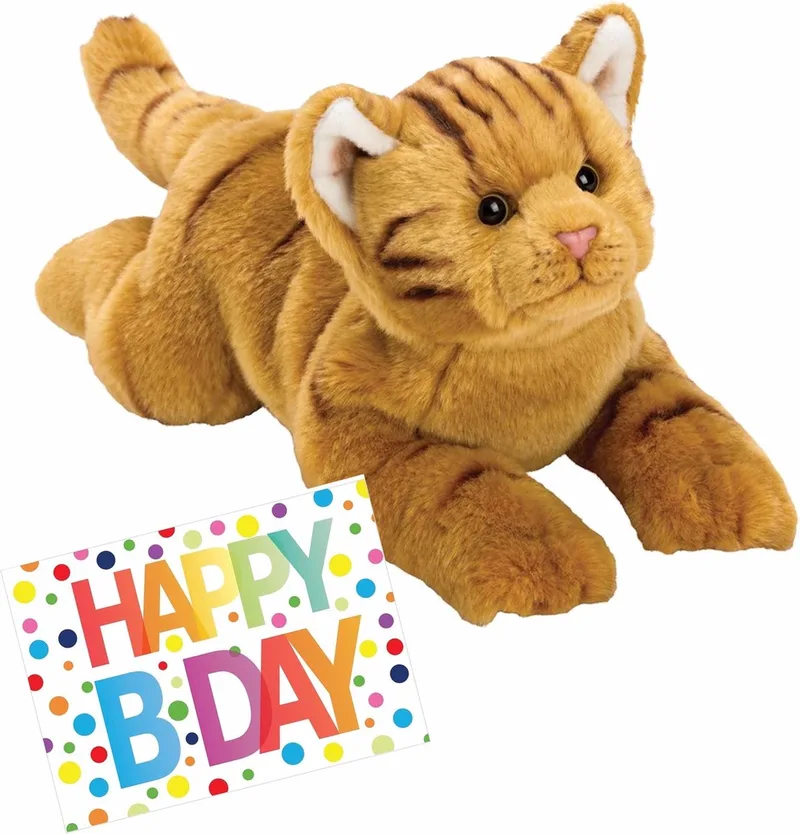 Pluche knuffel rode kat/poes van 33 cm met A5-size Happy Birthday wenskaart - Verjaardag cadeau setje fra Nature Planet i Rød – produktbillede
