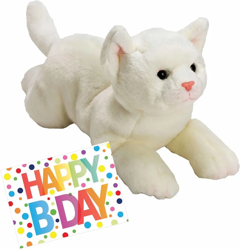 Pluche knuffel witte kat/poes van 33 cm met A5-size Happy Birthday wenskaart - Verjaardag cadeau setje by Nature Planet in White – product photo