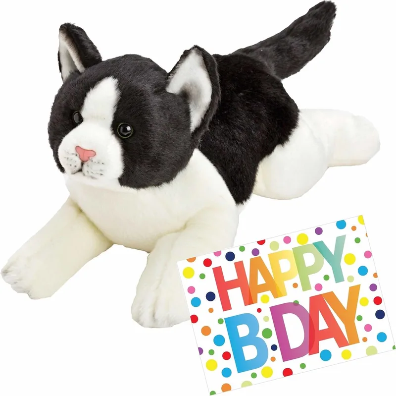 Pluche knuffel zwart/witte kat/poes van 33 cm met A5-size Happy Birthday wenskaart - Verjaardag cadeau setje van Nature Planet in Zwart – productfoto
