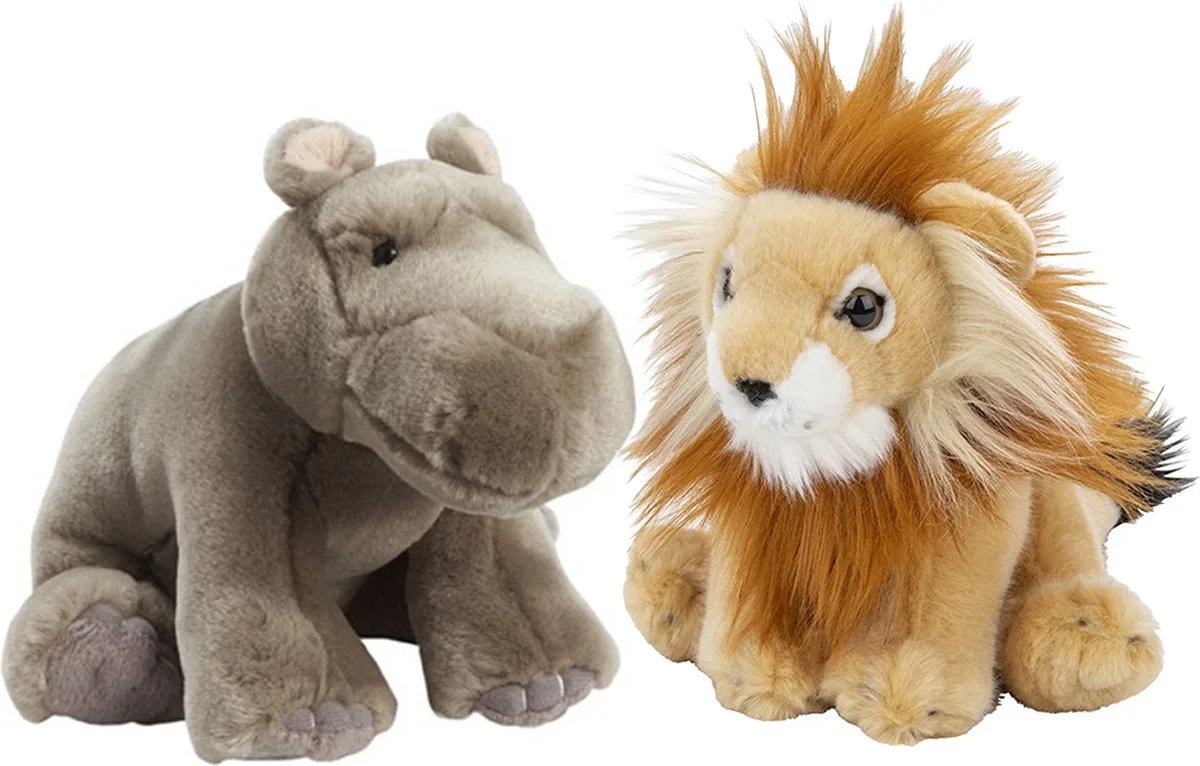 Pluche knuffels set 2x - Leeuw en Nijlpaard - 18 cm van Nature Planet in Meerkleurig – productfoto