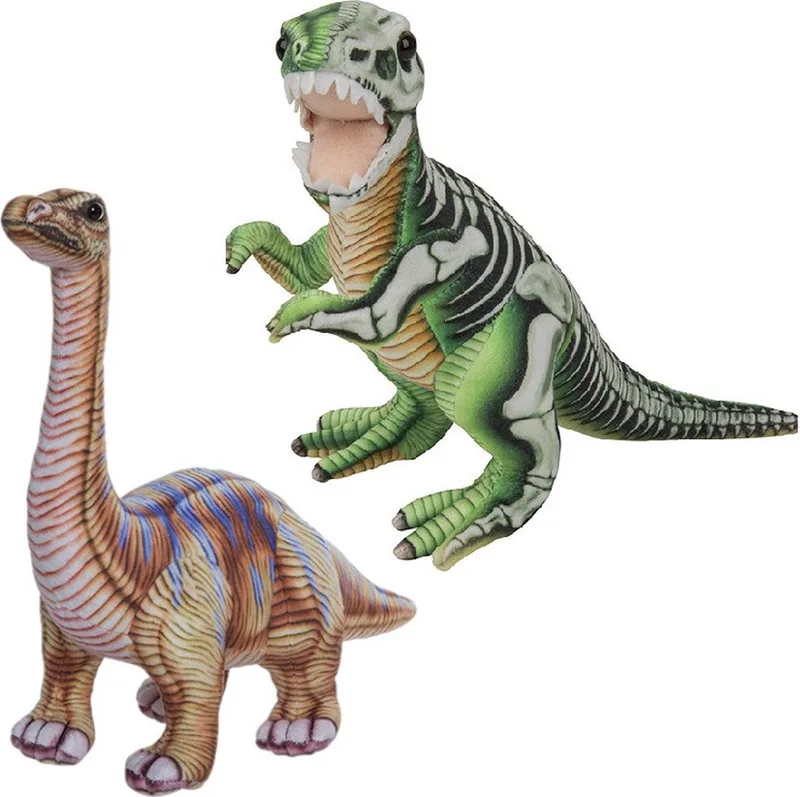 Speelgoed set van 2x pluche dino knuffels T-Rex en Apatosaurus van ongeveer 30 cm van Nature Planet in Meerkleurig – productfoto