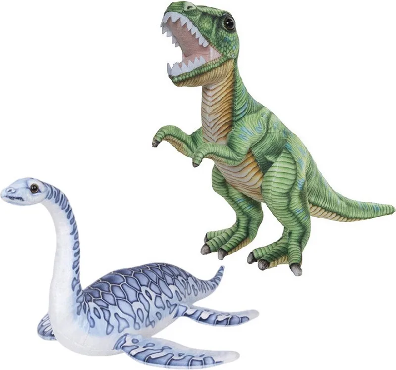 Speelgoed set van 2x pluche dino knuffels T-Rex en Plesiosaurus van ongeveer 30 cm by Nature Planet in Multicolour – product photo