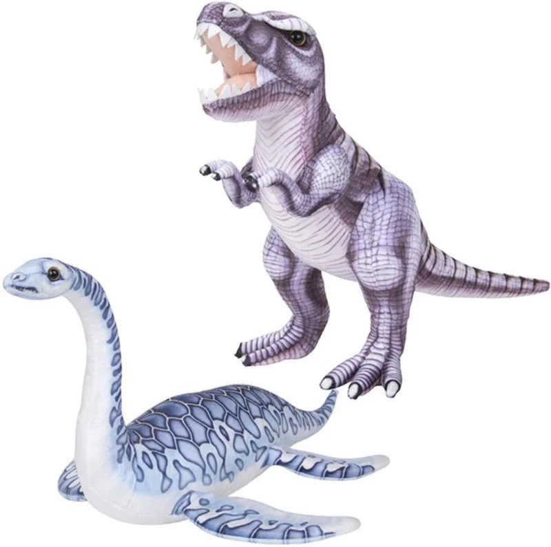 Speelgoed set van 2x pluche dino knuffels T-Rex en Plesiosaurus van ongeveer 30 cm van Nature Planet in Meerkleurig – productfoto