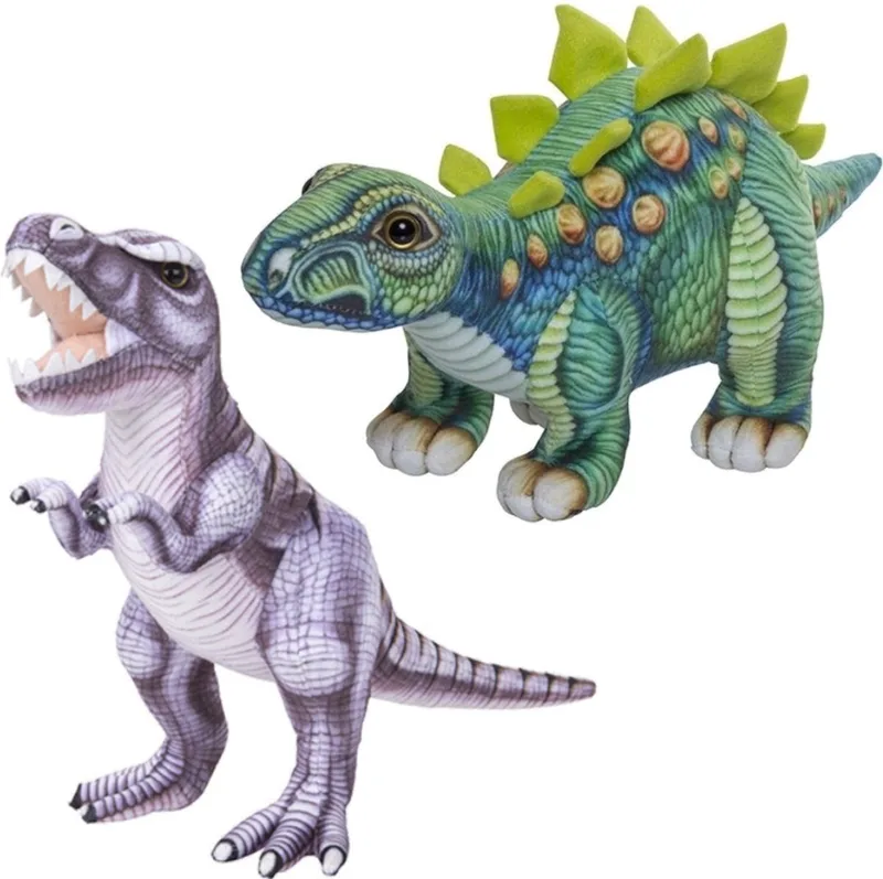 Speelgoed set van 2x pluche dino knuffels T-Rex en Stegosaurus van ongeveer 30 cm van Nature Planet in Meerkleurig – productfoto