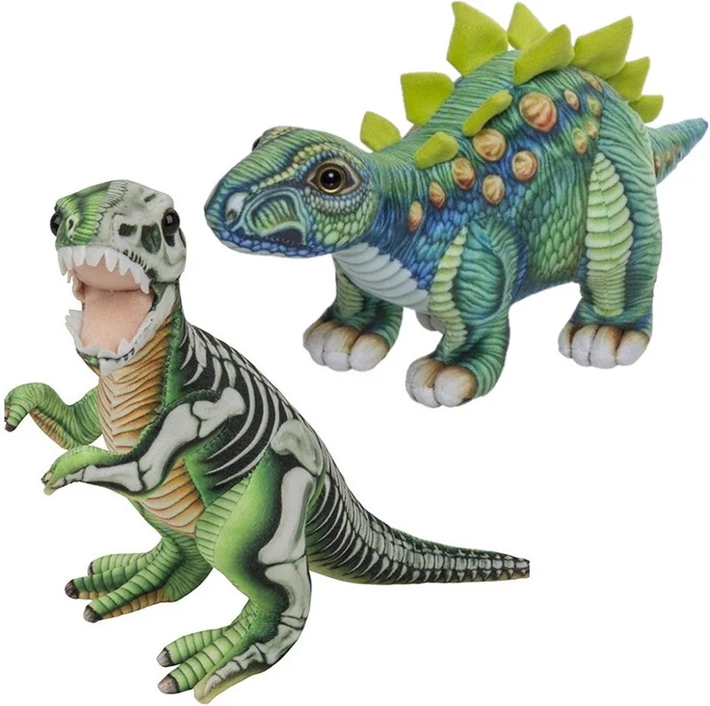 Speelgoed set van 2x pluche dino knuffels T-Rex en Stegosaurus van ongeveer 30 cm van Nature Planet in Meerkleurig – productfoto