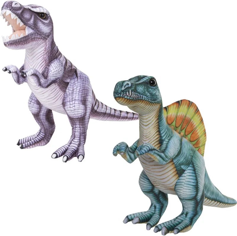 Speelgoed set van 2x pluche dino knuffels T-Rex en Stegosaurus van ongeveer 30 cm van Nature Planet in Meerkleurig – productfoto